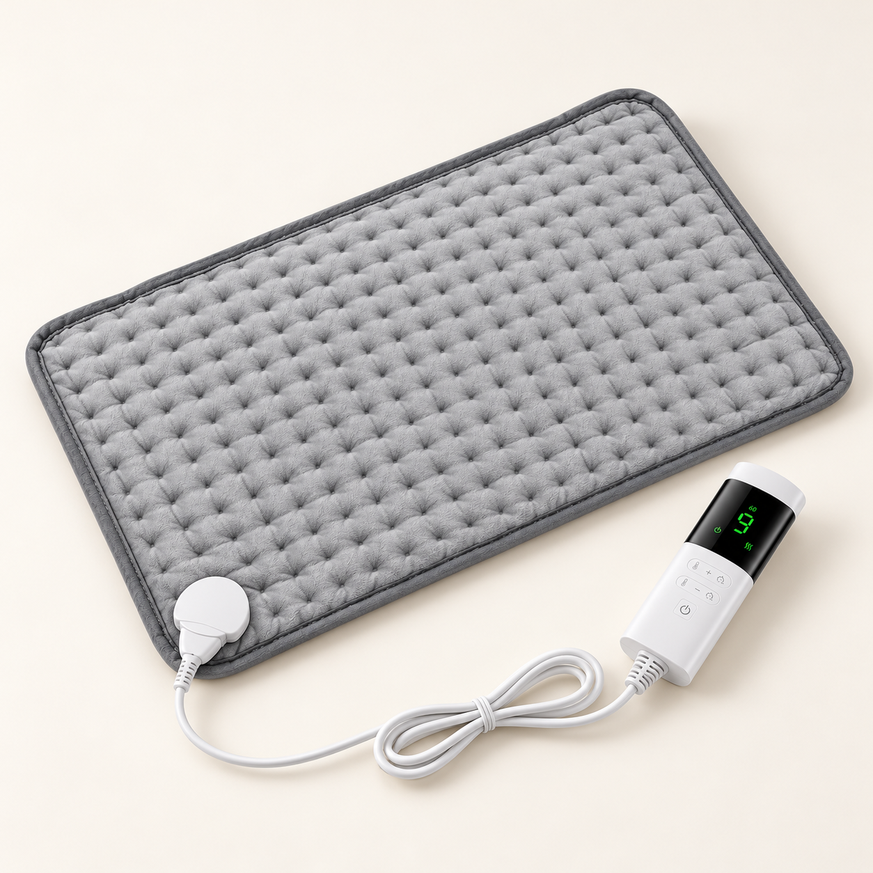 Gray plush heating pad with white digital controller